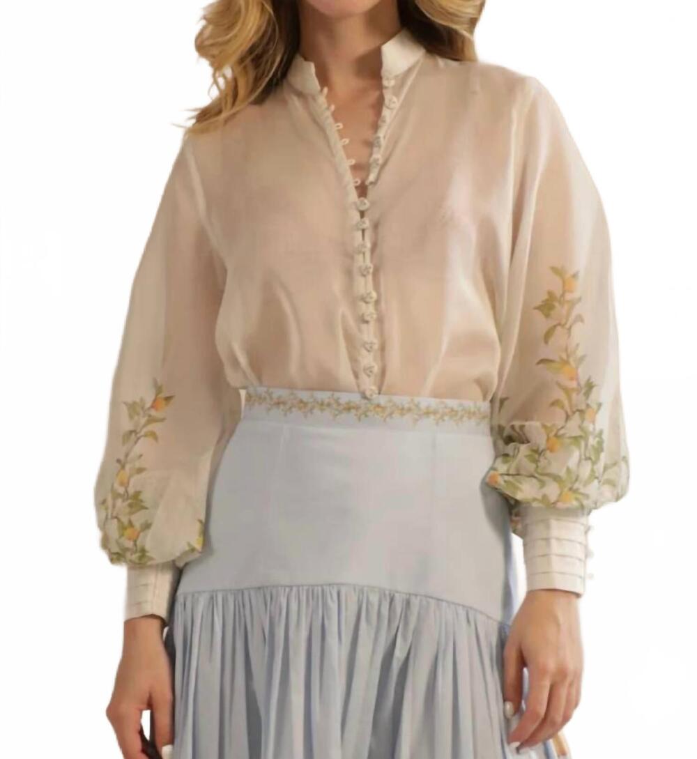 NEW KLEID gabriele fitted cuff blouse in sheer cream with orange branch border p